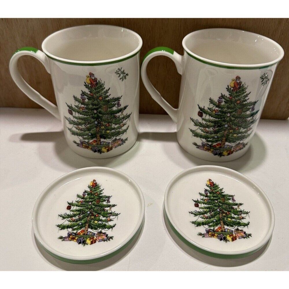 2 Spode Christmas Tree Mug Coffee Cup Coaster Lid 14 Oz Ceramic Seasonal Holiday